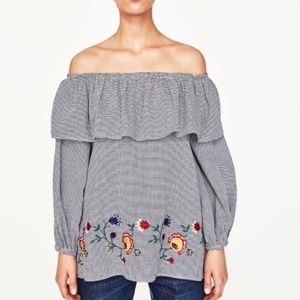 Zara Gingham Embroidered Top